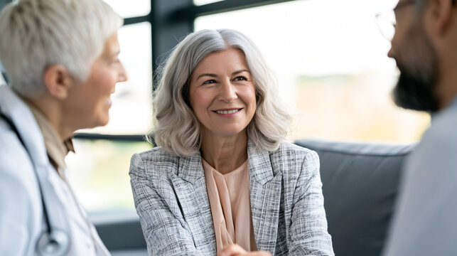 mature female patient age 60 consulting with professional doctor in modern private clinic, warm interaction, trust and healthcare concept