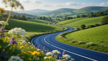 Naklejka premium Picturesque country road stretching through green fields and rolling hills under a bright blue sky ideal for road trips