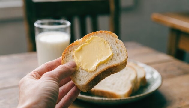 A hand holding a buttered slice of bread with a glass of milk and a plate of bread slices on a wooden table in the background.
