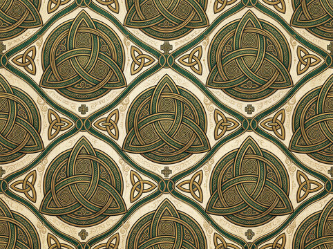 celtic knot pattern in a rich gold, green, and cream intricate design, an ornamental background.