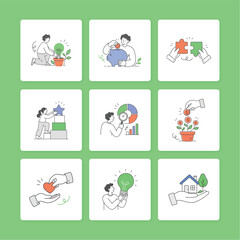 Fototapeta premium Colorful flat vector illustration set depicting various business and life concepts