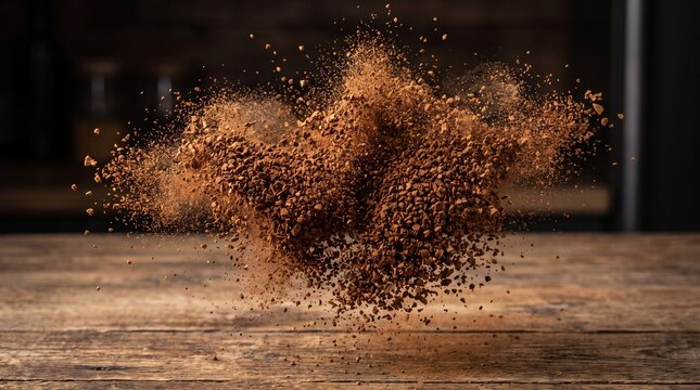 Granulated powder exploding dramatically on wooden surface with dynamic lighting