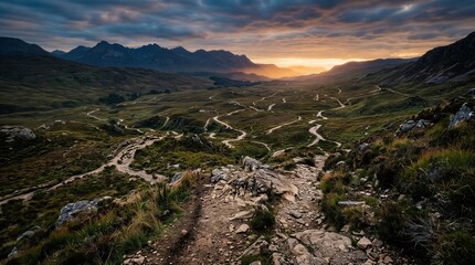 Obraz premium A Breath-taking Cinematic Wide View of a Mountain Valley with Winding Dirt Roads and Trails under a Dramatic Golden Sunset Sky