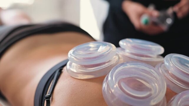 A person receives cupping therapy to address muscle tension and promote recovery. This treatment is performed in a clinical setting to enhance physical wellbeing