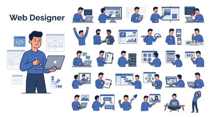Fototapeta premium Web designer character set, flat vector illustration of male developer working on laptop, 25 icons of creative professional coding and designing