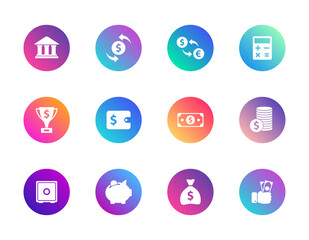 Fototapeta premium Finance icons set. Gradient round vector pictograms for banking, savings, investment, currency exchange, and money management.