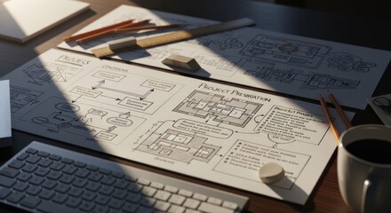 Obraz premium Architectural Blueprint and Design Tools on a Desk with Sunlight.