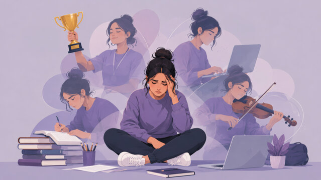 Lavender collage illustration of a teenage girl surrounded by study, achievement and extracurricular demands. Concept of multitasking, student overload, perfectionism, ADHD or OCD related pressure, an