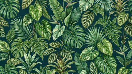 Fototapeta premium A vibrant tropical jungle scene with lush green foliage and exotic plants against a dark green background.