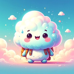 Fototapeta premium Cute Smiling Cloud Character Standing with Backpack in Dreamy Pastel Sky