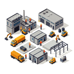 Fototapeta premium Vector flat design illustration of construction site with modular buildings, trucks, and workers building structures
