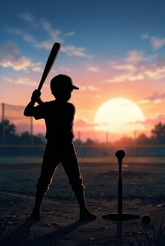 Generated AI silhouette of young baseball player training at dramatic sunset baseball field