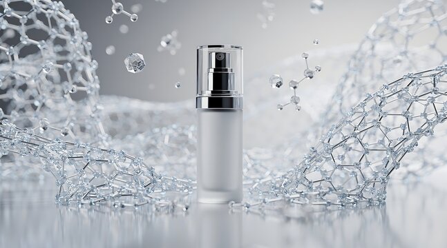Skincare product with abstract molecular structures and water drops.