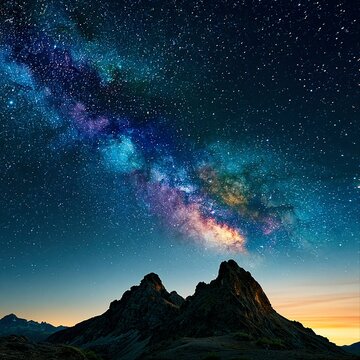 Stars shine over mountain peaks at night with a colorful Milky Way stretching across the sky