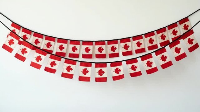 Two rows of small Canadian flag bunting with red maple leaves hanging on a white wall.