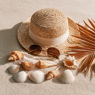 Shells and a straw hat with sunglasses on sand at beach during daytime