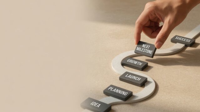 Individual placing a wooden block with the word 'success' signifying achievement and progress in business