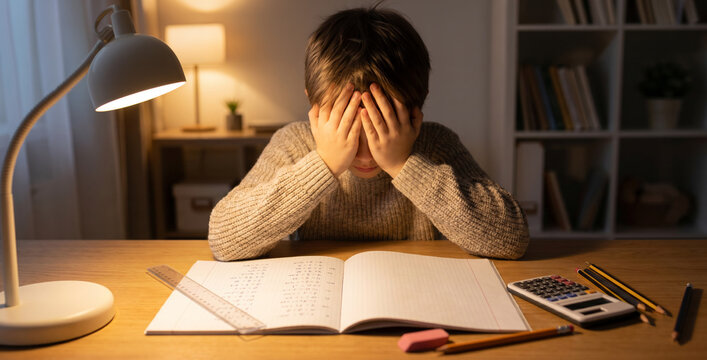 Child sitting at a desk with an open workbook, calculator and ruler while holding his head in frustration. Concept of math test stress, learning difficulty, fatigue and depression in schoolchildren.