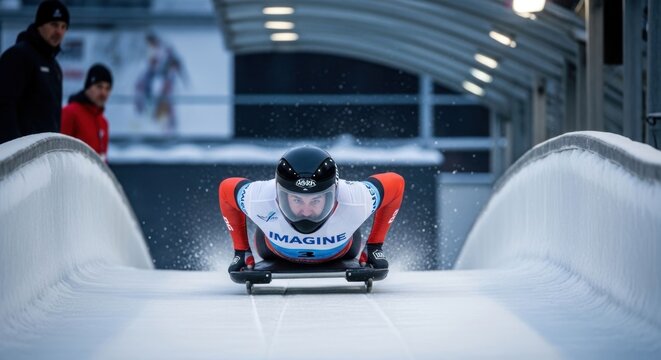 Athlete competes in skeleton sledding race on icy track.