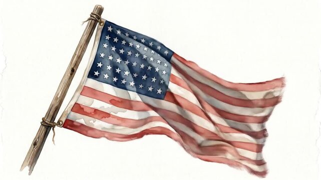 Watercolor style American flag waving gently on a rustic pole against white