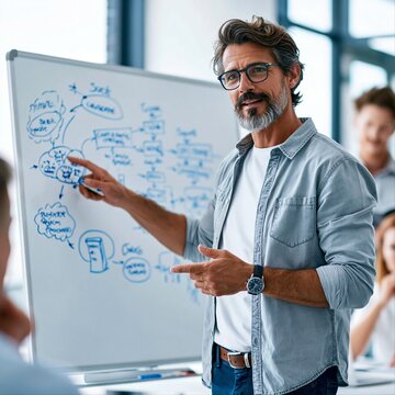 Group of people in a meeting with a man explaining ideas on a whiteboard in a bright office