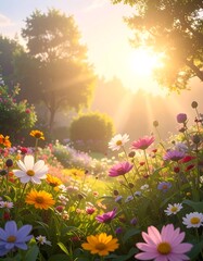 Obraz premium Vibrant Wildflowers in Sunny Garden Landscape.