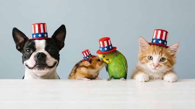 Adorable pets (dog, hamster, parakeet, kitten) wearing patriotic hats line up.