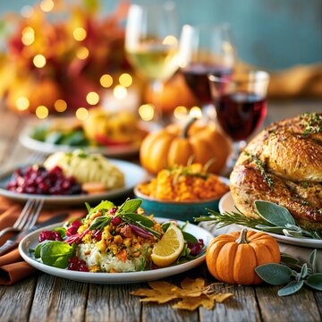 Dinner with roasted turkey, side dishes, and drinks at a gathering in autumn