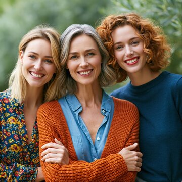 Three women pose together outdoors during daytime at a park surrounded by trees