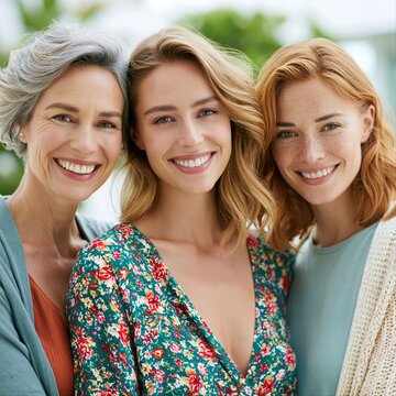 Three women smile together in a bright space with greenery around them during a sunny day