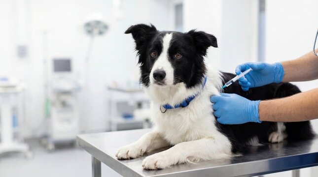 A dog sits on a treatment table at a veterinary clinic as a vet administers a vaccination. The setting is clean and well-lit with medical equipment in the background