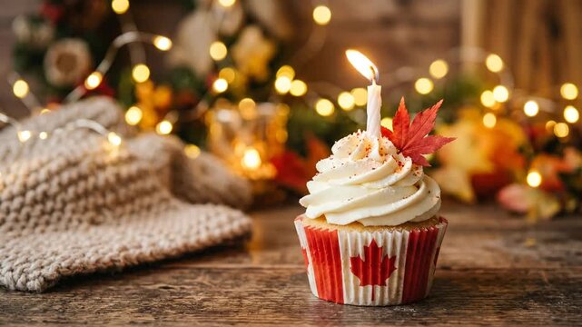 Cupcake with lit candle and Canadian flag wrapper for celebration on a wooden table