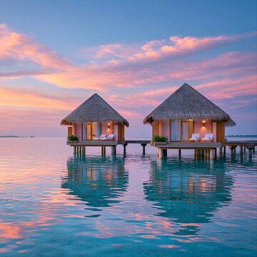 Sunset view of two wooden huts on water with colorful sky in a tropical setting