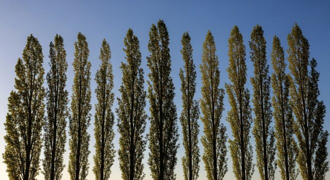 A row of tall poplar trees standing against a clear blue sky