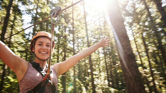 A person glides on a zip line with arms open wide while smiling. Sunlight filters through tall trees creating a bright atmosphere. The setting shows a fun outdoor activity in nature
