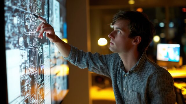 Man in plaid shirt interacting with large digital blueprint display screen