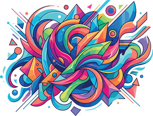 Obraz premium Abstract Geometric Vector Composition with Colorful Fluid Swirls, Dynamic Sharp Waves, Intersecting Lines, and Vibrant Polygonal Shapes for Modern Graphic Design Backgrounds