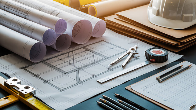 Architectural blueprints, drafting tools, and safety gear on a worktable rolled up papers compass tape measure