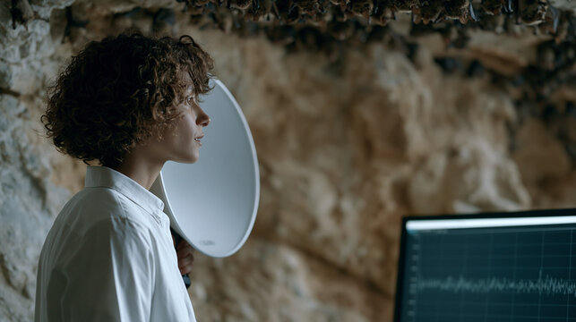 Bioacoustics researcher holding a parabolic microphone toward a cave ceiling covered in roosting bats, waveform data visible on a nearby monitor screen, ideal for echolocation