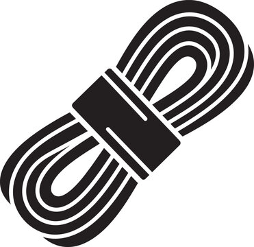 Coiled rope vector. Flat bold black icon detailing a bundled skein of climbing cord, paracord, or utility string bound neatly with a central strap band isolated on a transparent background