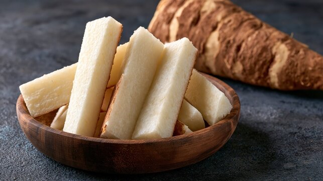 Cassava wedges served in a rustic dish showcase a versatile tropical ingredient ready for various savory cooking recipes.