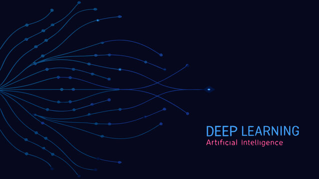 Blue lines and circular nodes vector illustration with text reading deep learning and artificial intelligence abstract representation ai illustration