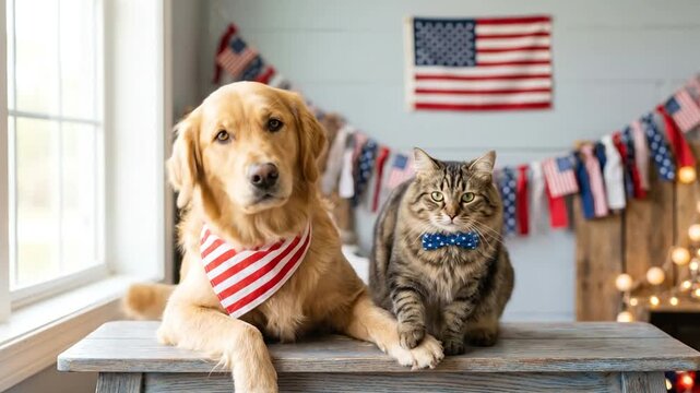 Happy golden retriever dog and tabby cat pose patriotically indoors wearing festive accessories.
