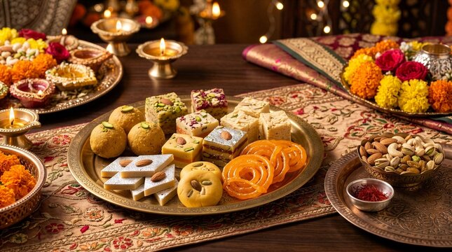 Elegant Indian Festival Sweets Display on Decorative Serving Platters
