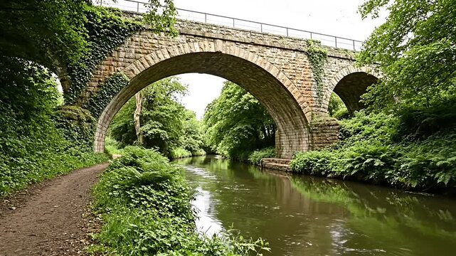 Historic stone arch bridge over calm river canal.