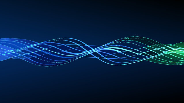 Flowing wave pattern with gradient blue and green hues against a dark background waves wavy undulation sinusoidal