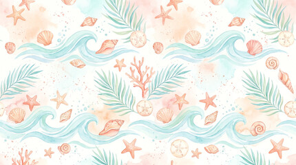 Obraz premium seamless watercolor marine pattern with soft turquoise ocean waves pastel shells coral and palm leaves on white background