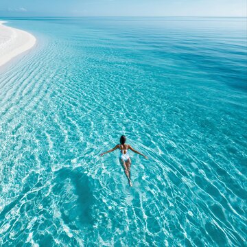 Woman swims in clear blue water at a tropical beach during a sunny day