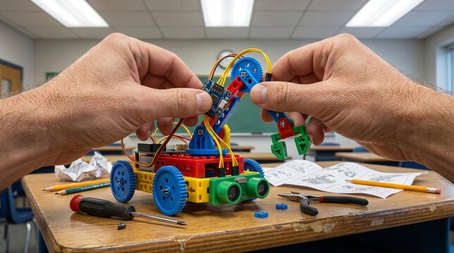 Hands assembling a robot kit on a desk, STEM education and technology macro close-up, educational detail, learning background