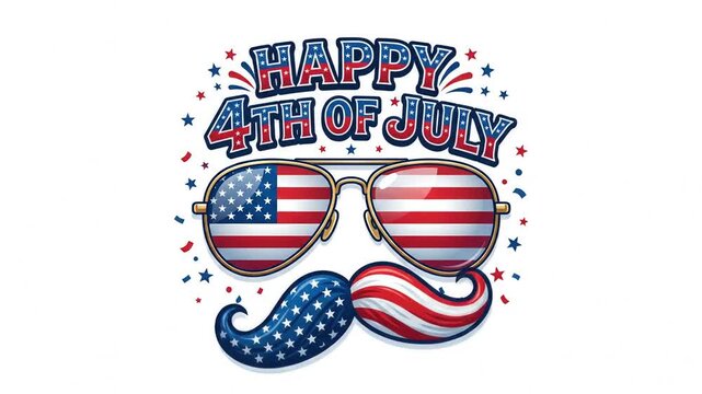 Patriotic Fourth of July graphic with American flag sunglasses and mustache for Independence Day.